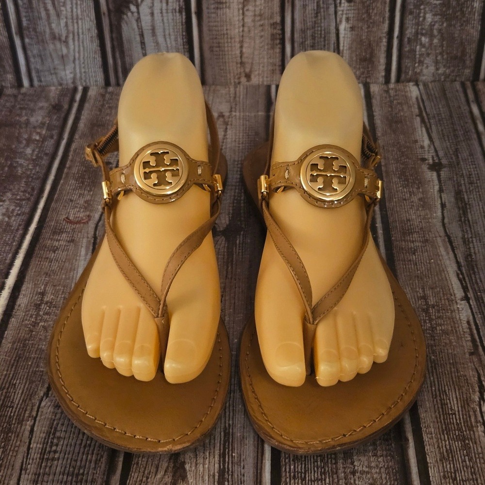 Sz 8.5 M Tory Burch Ali Brown Leather Gold Logo Thong Flat Sandals VGUC!